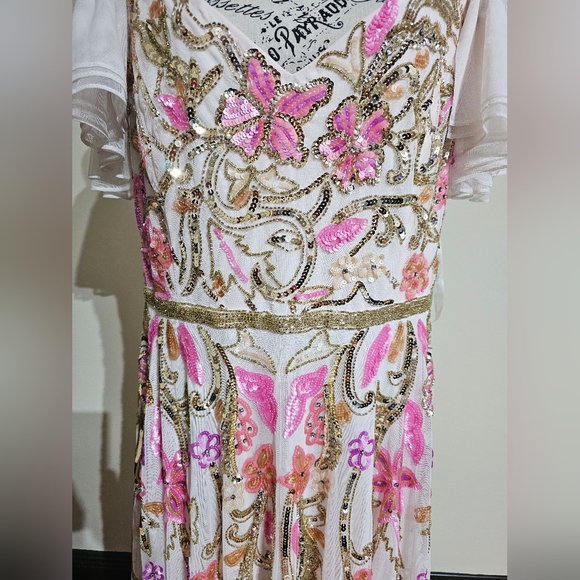 Mac Duggal V Neck Floral Embellished Gown with Flutter Sleeves - Picture 4 of 16